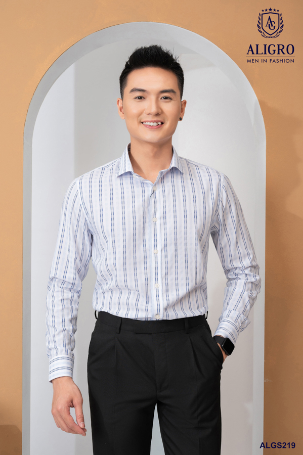 Áo sơ mi nam dài tay cao cấp Aligro ALGS219 chất liệu vải BAMBOO form SLIMFIT màu trắng kẻ sọc
