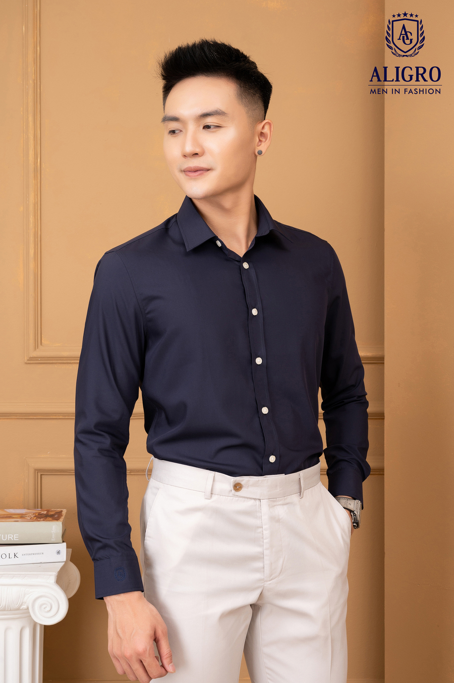 Áo sơ mi nam dài tay cao cấp Aligro ALGS226 chất liệu vải modal form SLIMFIT màu navy