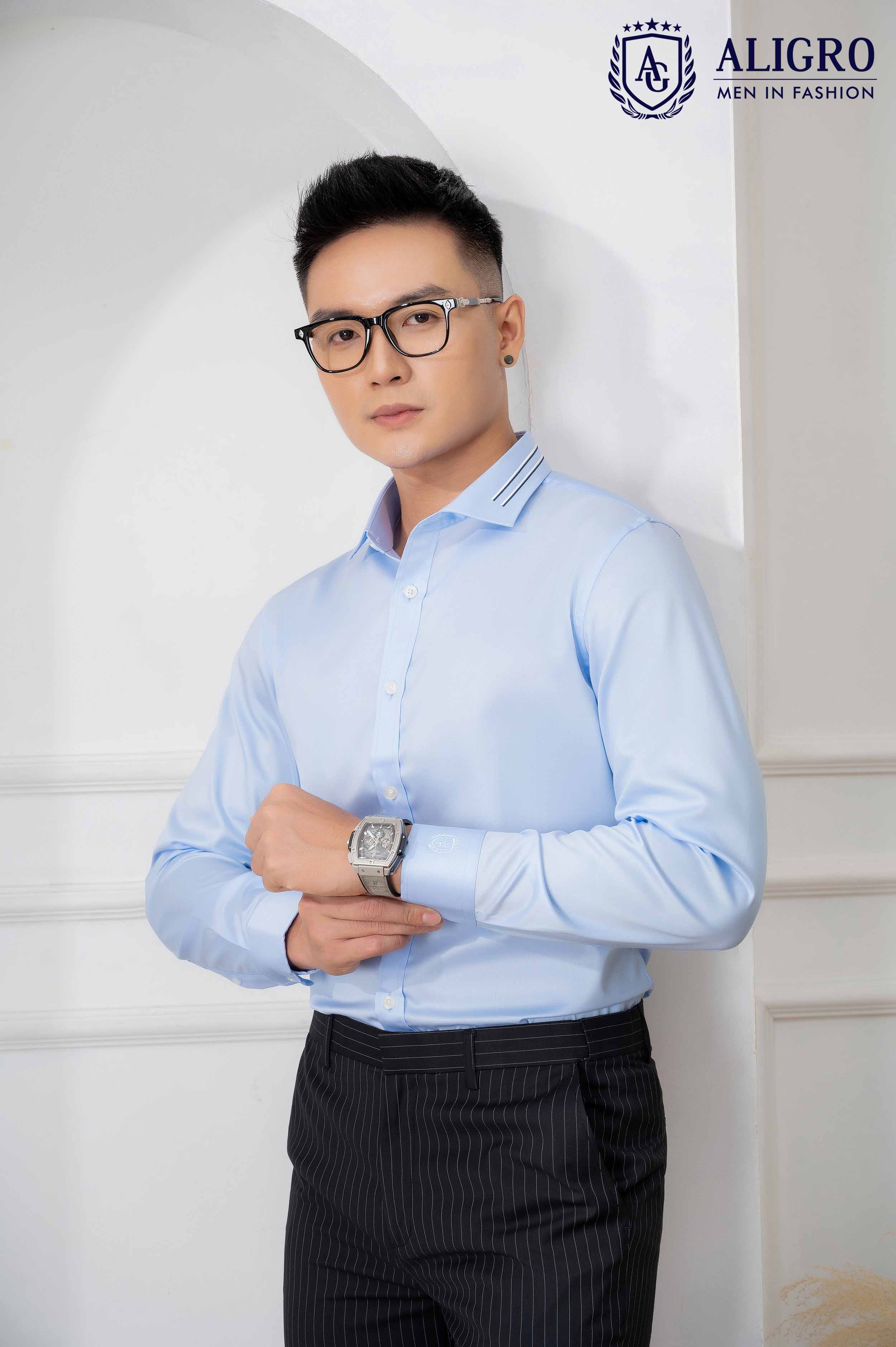 Áo sơ mi nam dài tay cao cấp Aligro ALGS212 chất liệu vải cotton chống nhăn form SLIMFIT màu BLUE