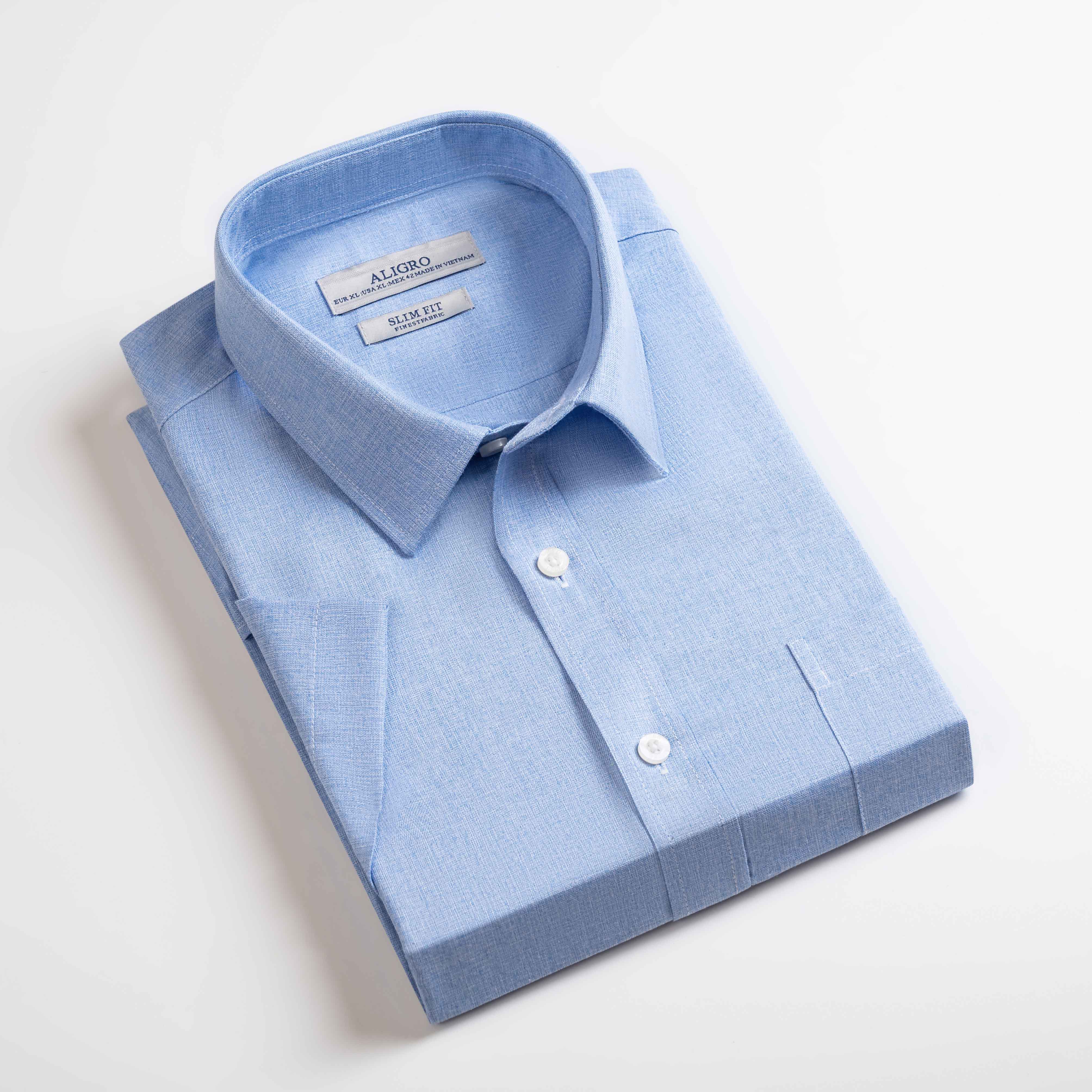 Áo sơ mi nam ngắn tay cao cấp Aligro ALGS-C123 chất liệu vải bamboo form SLIMFIT màu xanh trơn