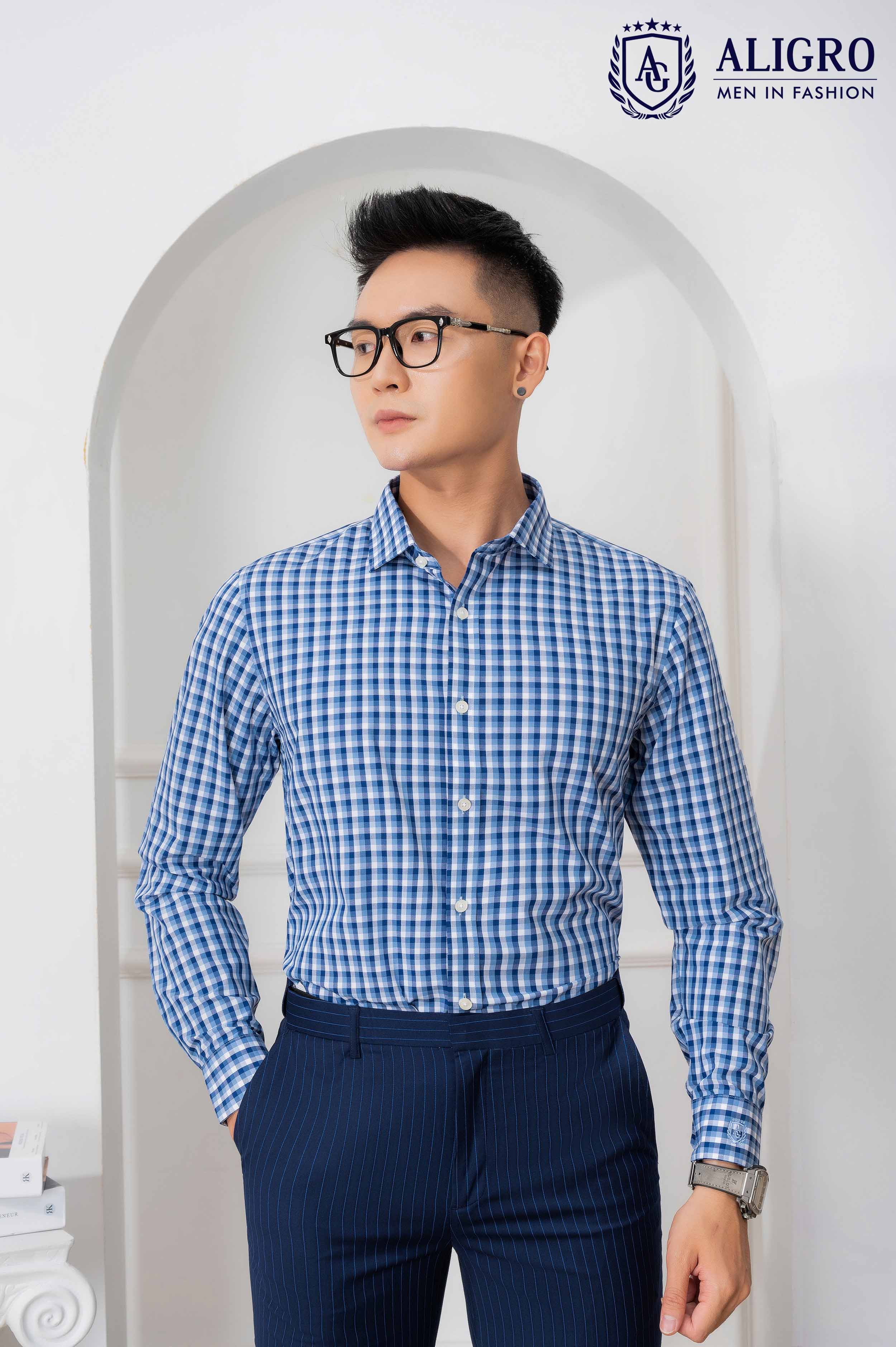 Áo sơ mi nam dài tay cao cấp Aligro ALGS215 chất liệu vải BAMBOO form SLIMFIT kẻ caro xanh