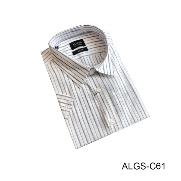 Áo sơ mi nam ngắn tay cao cấp Aligro ALGS-C61 vải cotton form SLIMFIT màu trắng kẻ xanh
