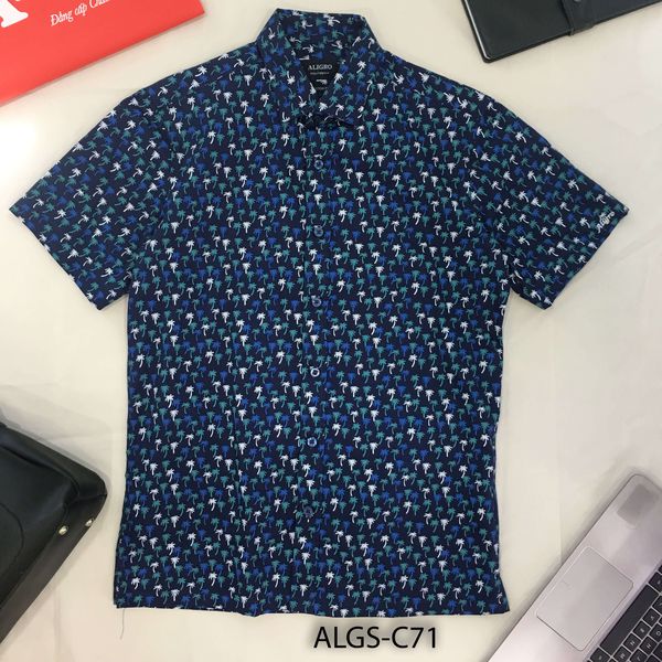 Áo sơ mi nam ngắn tay cao cấp Aligro ALGS-C71 vải cotton form SLIMFIT màu navy in cây dừa