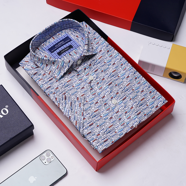 Áo sơ mi nam ngắn tay cao cấp Aligro ALGS-C87 vải cotton form Customfit hoạ tiết thuyền