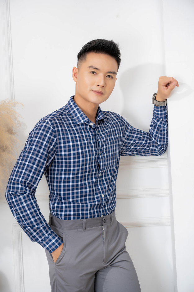 Áo sơ mi nam dài tay cao cấp Aligro ALGS216 chất liệu vải BAMBOO form SLIMFIT kẻ caro navy