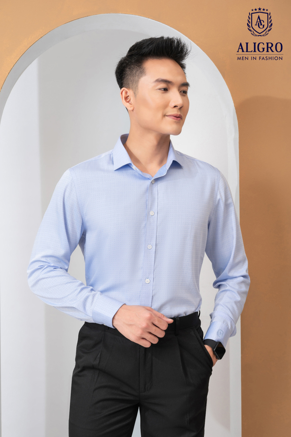Áo sơ mi nam dài tay cao cấp Aligro ALGS218 chất liệu vải BAMBOO form SLIMFIT phảy xanh