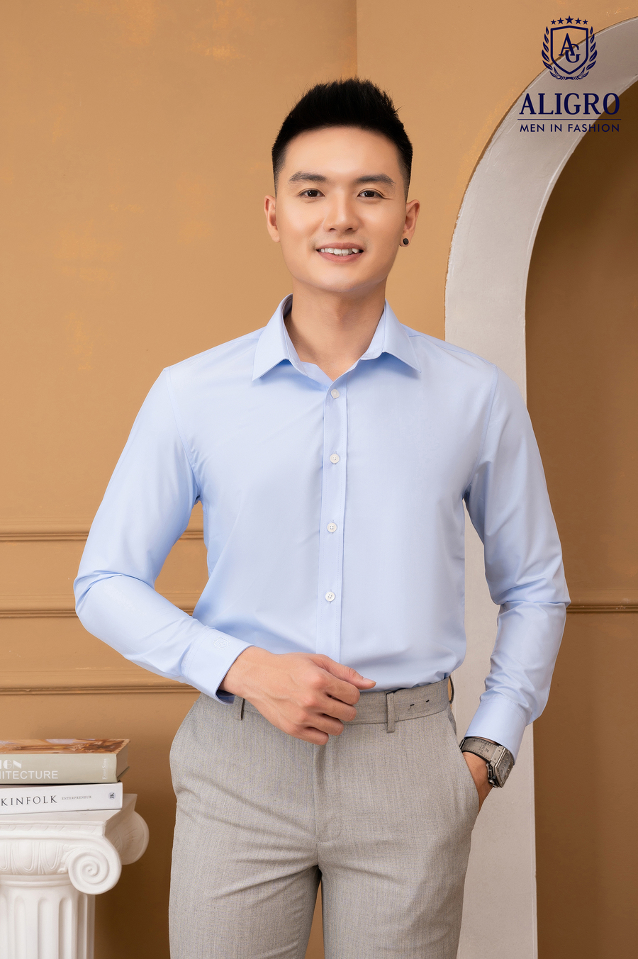 Áo sơ mi nam dài tay cao cấp Aligro ALGS222 chất liệu vải modal form SLIMFIT màu xanh hoà bình