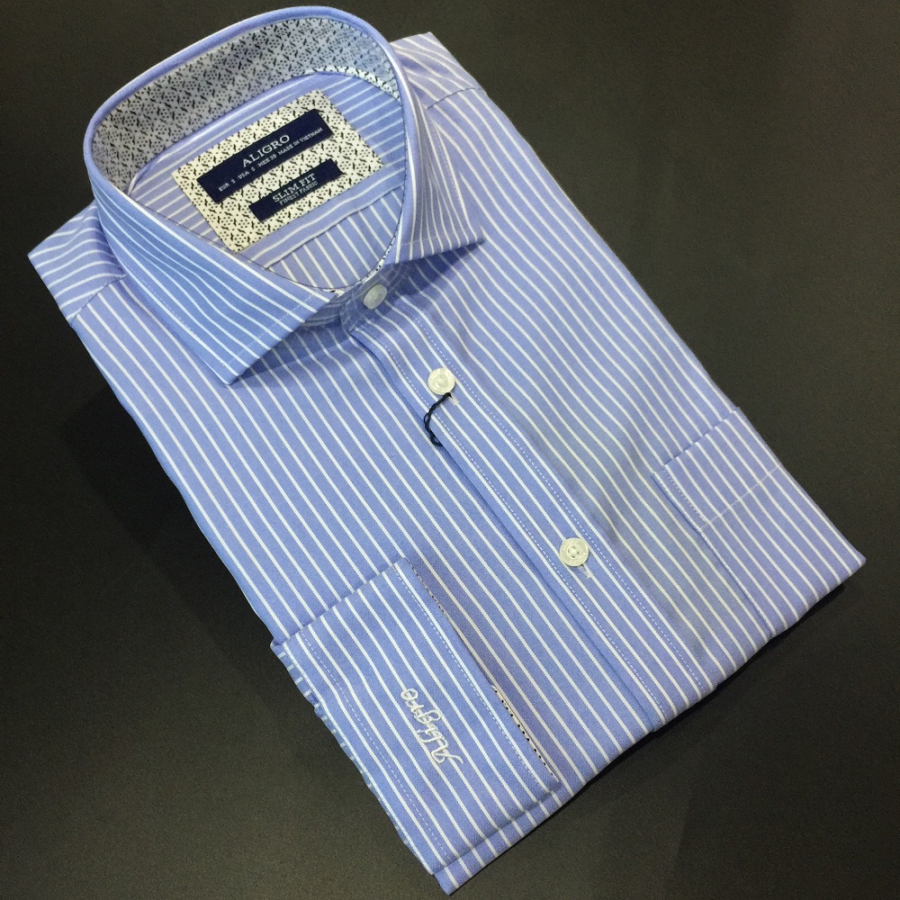 Áo sơ mi dài tay công sở cao cấp Aligro ALGS183 dáng Slimfit màu xanh kẻ sọc trắng