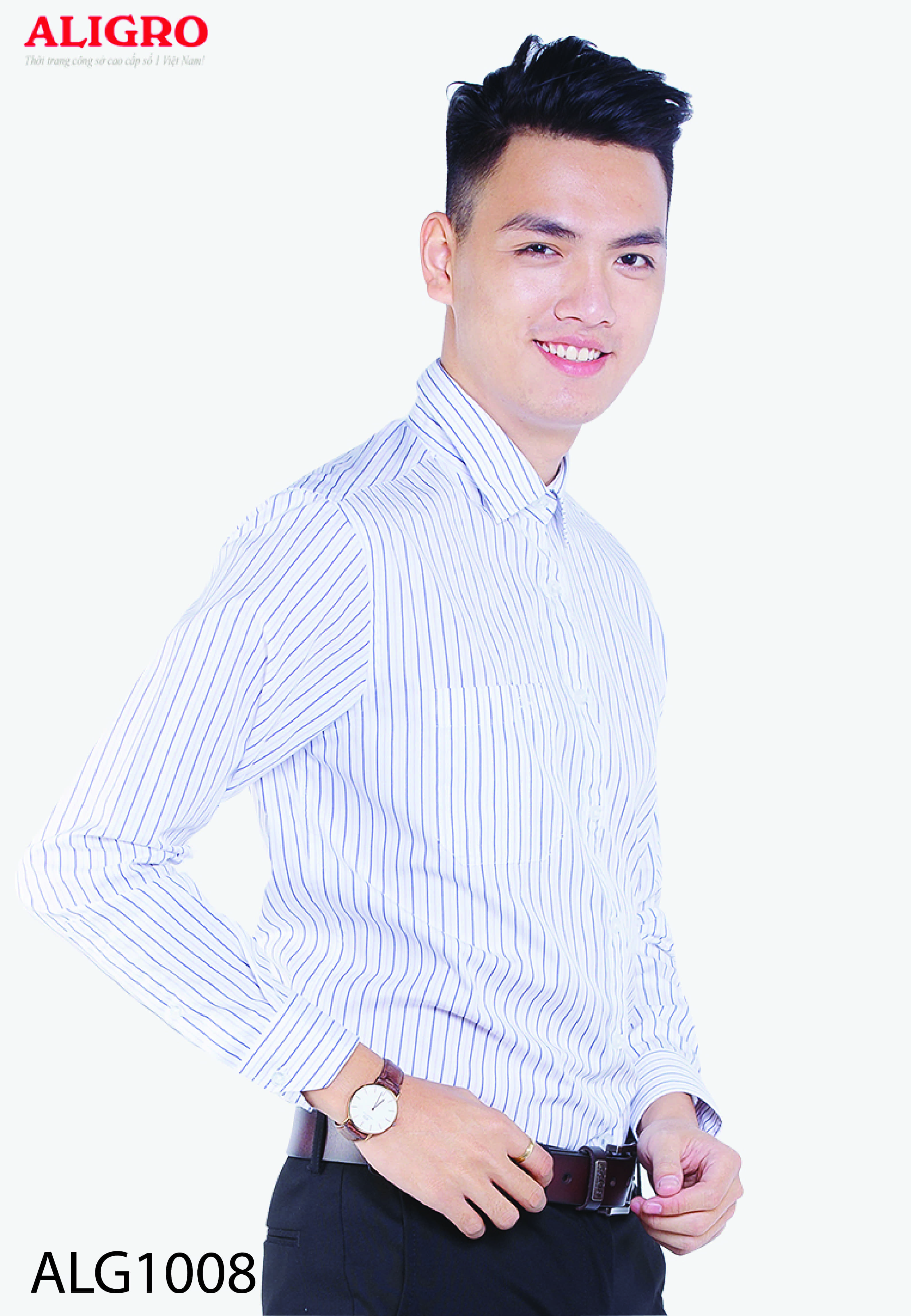 Áo sơ mi nam dài tay công sở cao cấp Aligro ALG1008 dáng Custom kẻ sọc nền trắng