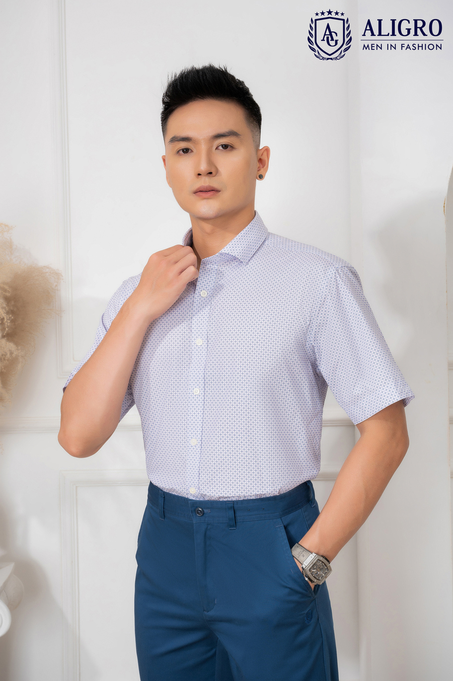 Áo sơ mi nam ngắn tay cao cấp Aligro ALGS-C84 vải cotton form Customfit hoạ tiết hoa nhí