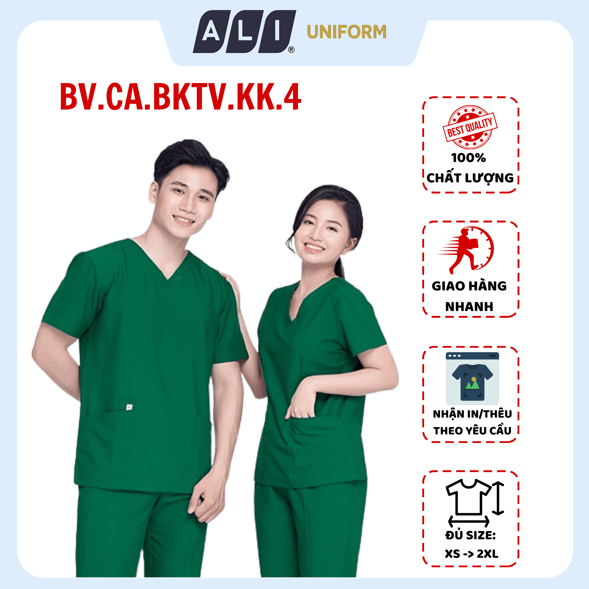 Bộ Scrubs bác sĩ cổ tim, quần áo phòng mổ, đồng phục điều dưỡng spa chất vải kaki chun hàn màu xanh 151 BV.CA.BKTV.KK.4