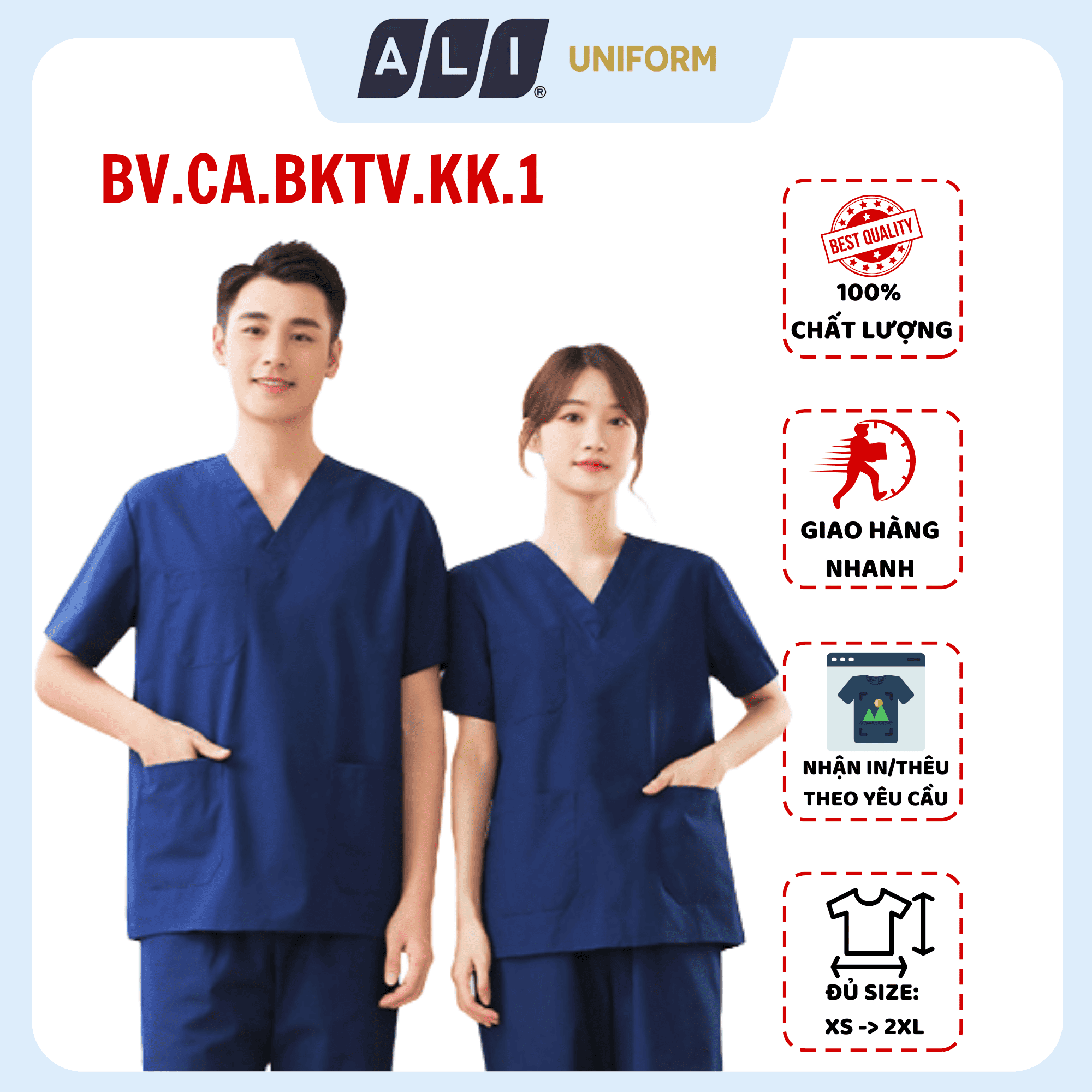 Bộ Scrubs bác sĩ cổ tim, quần áo phòng mổ, đồng phục điều dưỡng spa chất vải kaki chun hàn màu xanh than BV.CA.BKTV.KK.1