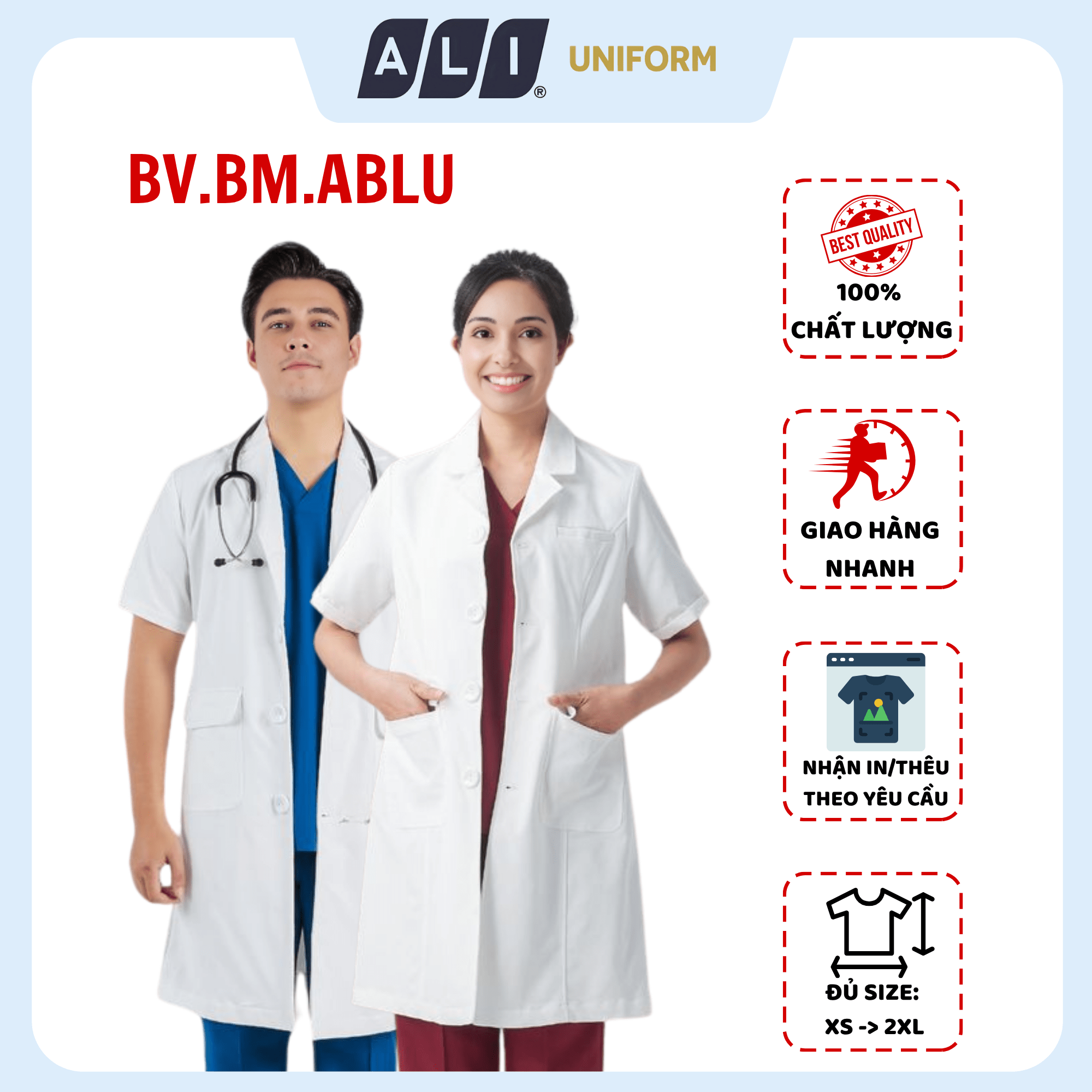 Áo choàng blouse, áo blue trắng cộc tay, dáng dài, chất vải lon ít nhăn cho bác sĩ, dược sĩ, spa Aligro BV.BM.ABLU