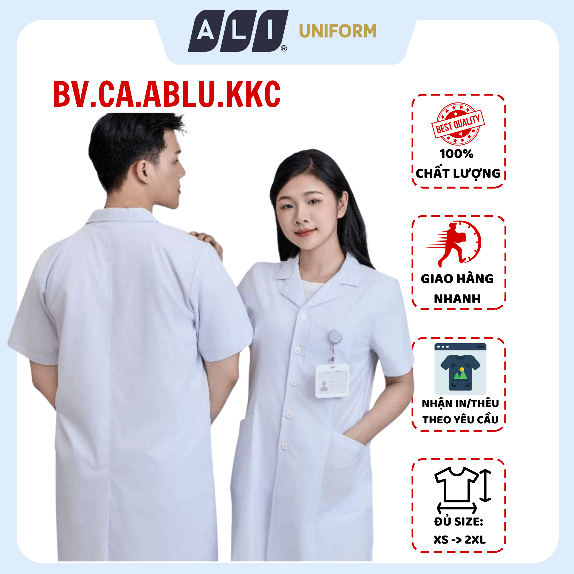 Áo choàng blouse, áo blue trắng cộc tay, dáng dài, chất vải kaki chun hàn cho bác sĩ, dược sĩ, spa Aligro BV.CA.ABLU.KKC