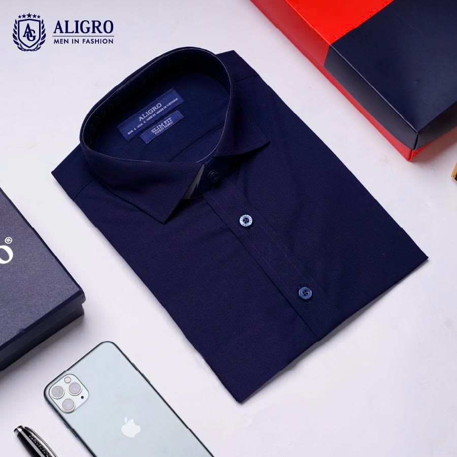 Áo sơ mi nam ngắn tay cao cấp Aligro ALGS-C80 vải bamboo chống nhăn form SLIMFIT màu navy