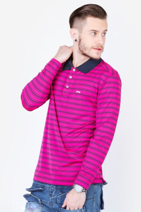 Áo thun dài tay nam cao cấp ALIGRO cổ bẻ co giãn, thoáng khí kẻ hồng ALGAPD015