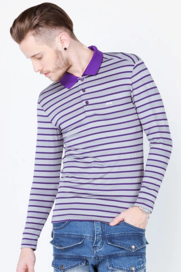 Áo thun dài tay nam cao cấp ALIGRO cổ bẻ co giãn, thoáng khí kẻ tím ALGAPD016