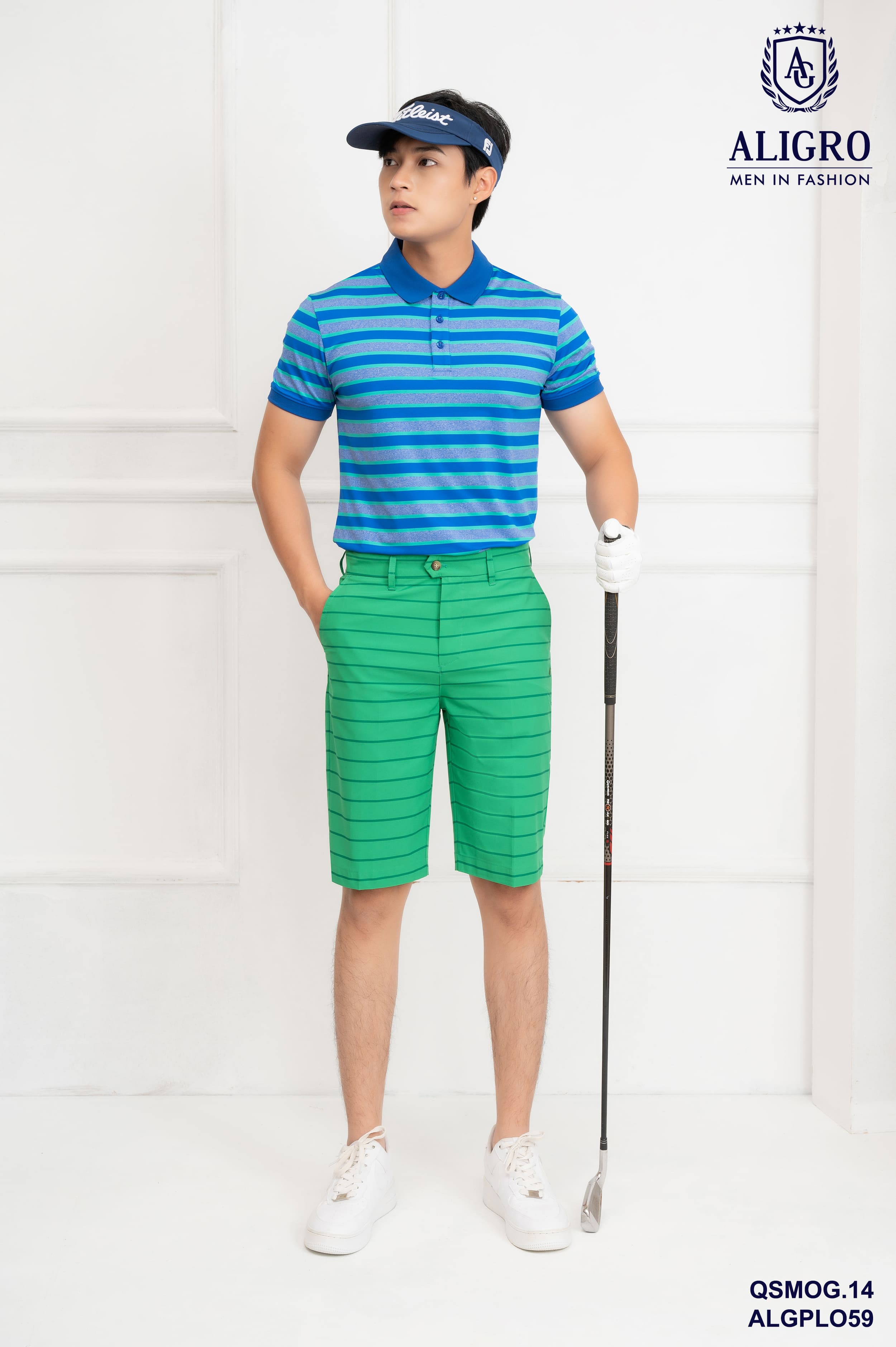 Áo polo nam ngắn tay Aligro cao cấp ALGPLO59 vải polyester cao cấp dáng slimfit hoạ tiết kẻ ngang màu xanh kẻ