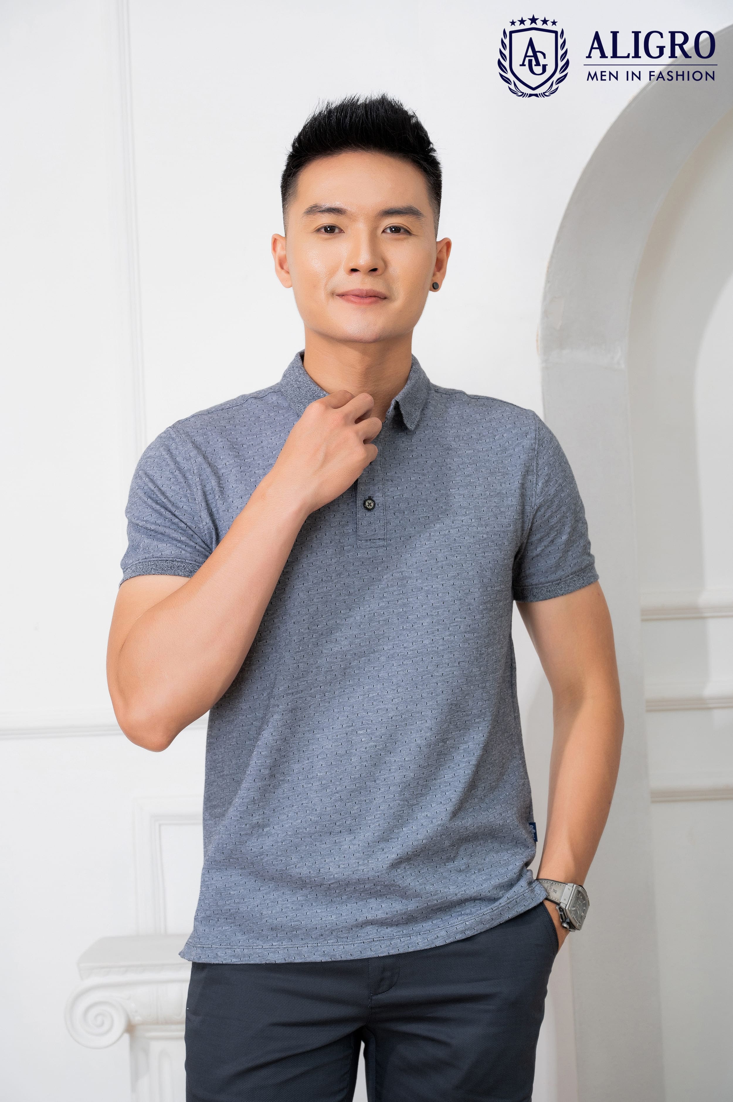 Áo polo nam ngắn tay Aligro cao cấp ALGPLO44 vải CVC cao cấp dáng regular màu ghi sẫm in chấm