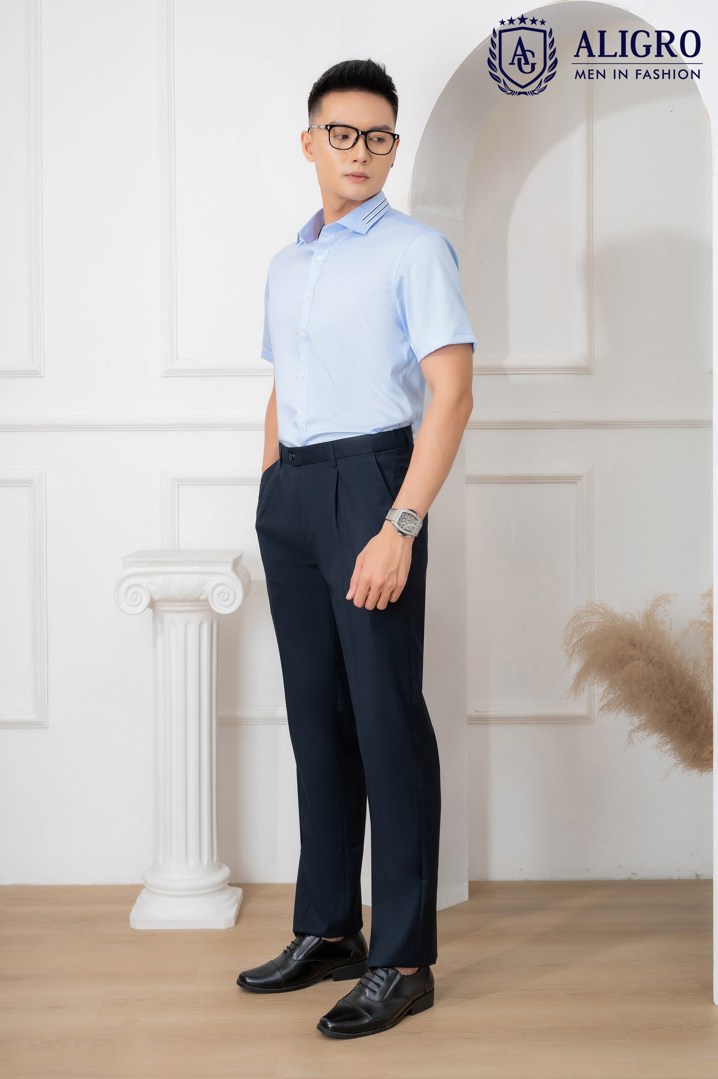 Áo sơ mi nam ngắn tay cao cấp Aligro ALGS-C111 chất liệu cotton chống nhăn form SLIMFIT màu Blue