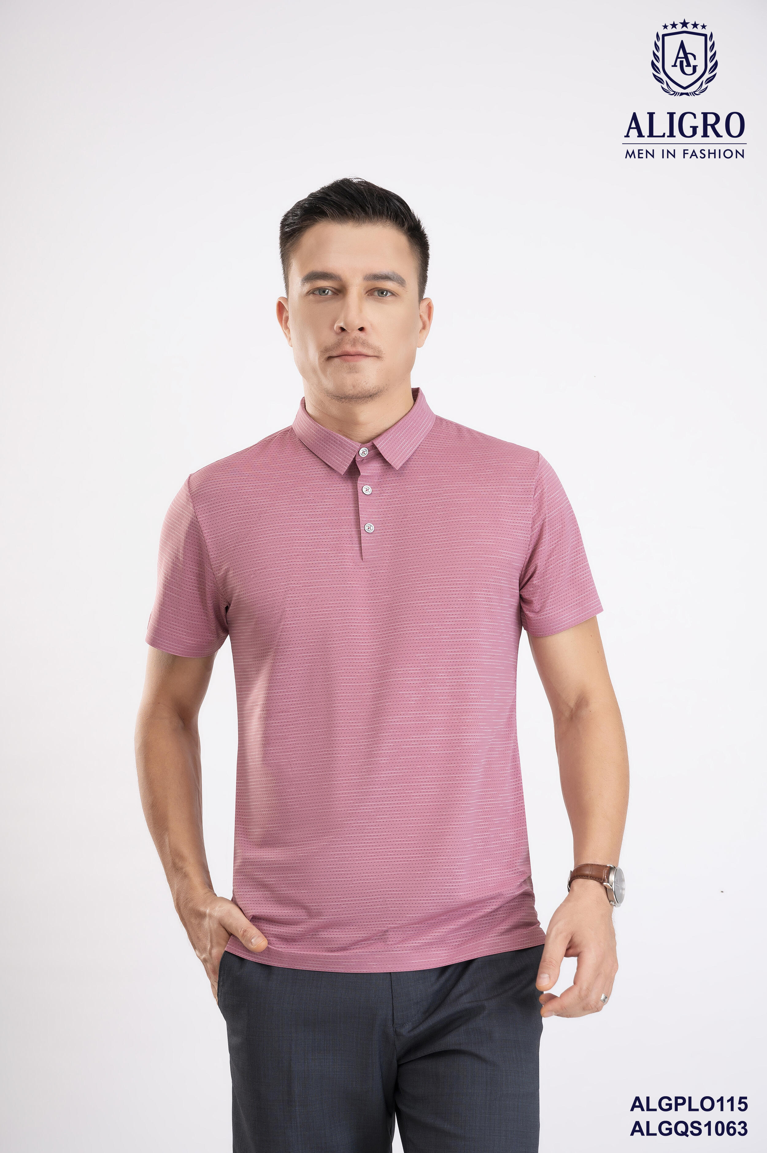 Áo Polo golf cao cấp Aligro ALGPLO115 công nghệ Seamless - không đường may form SLIMFIT kẻ ngang màu vỏ đỗ