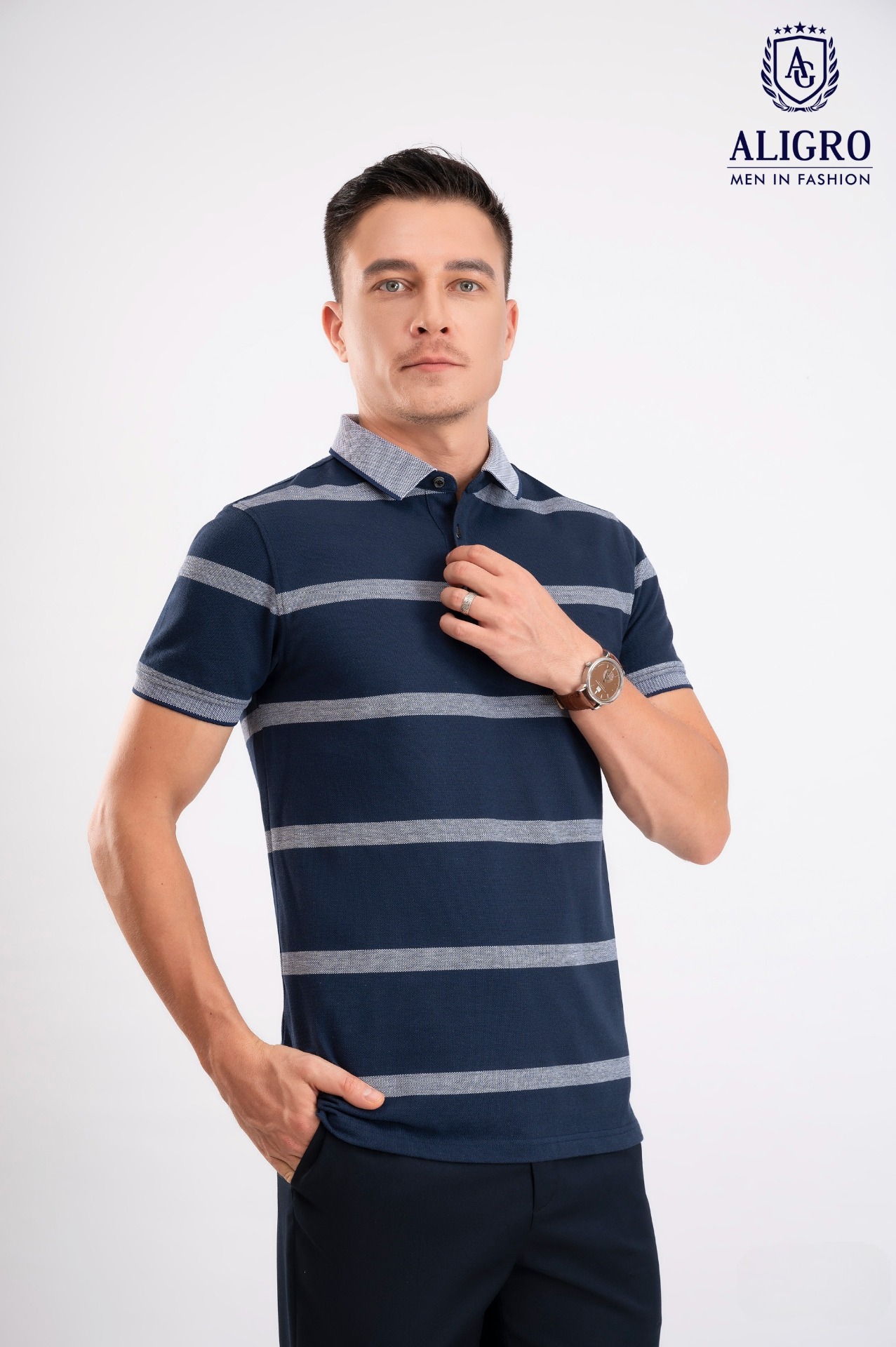 Áo polo nam ngắn tay cao cấp Aligro ALGPLO94 chất liệu 100% cotton form SLIMFIT kẻ ngang navy-trắng