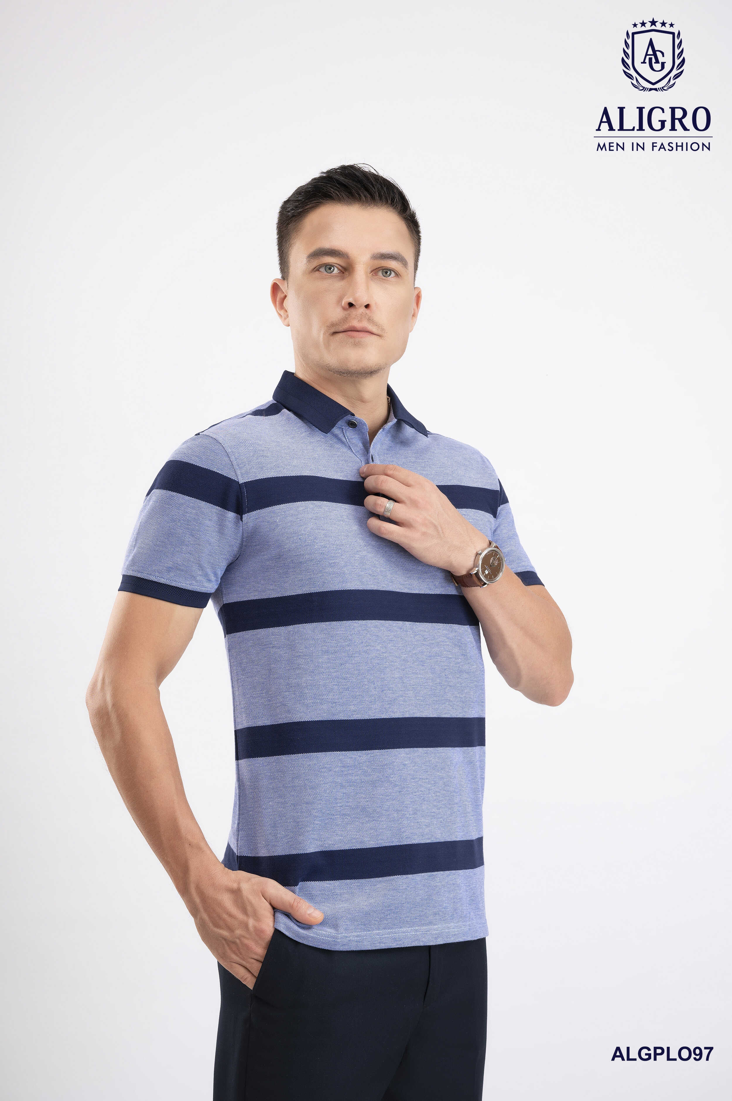 Áo polo nam ngắn tay cao cấp Aligro ALGPLO97 chất liệu 100% cotton form SLIMFIT kẻ ngang navy-xanh