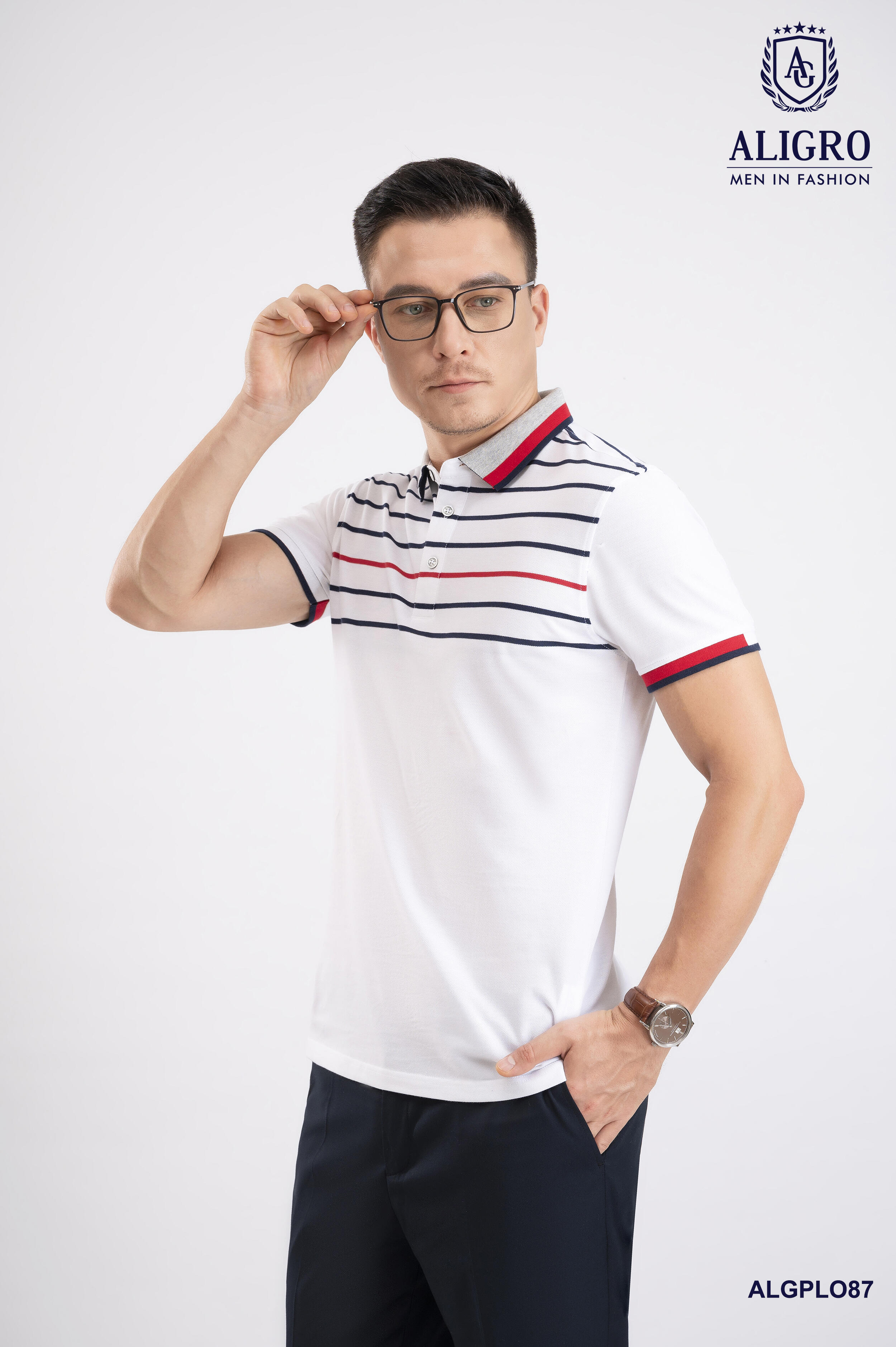 Áo polo nam ngắn tay cao cấp Aligro ALGPLO87 chất liệu 100% cotton form SLIMFIT kẻ ngang trắng-đỏ-đen