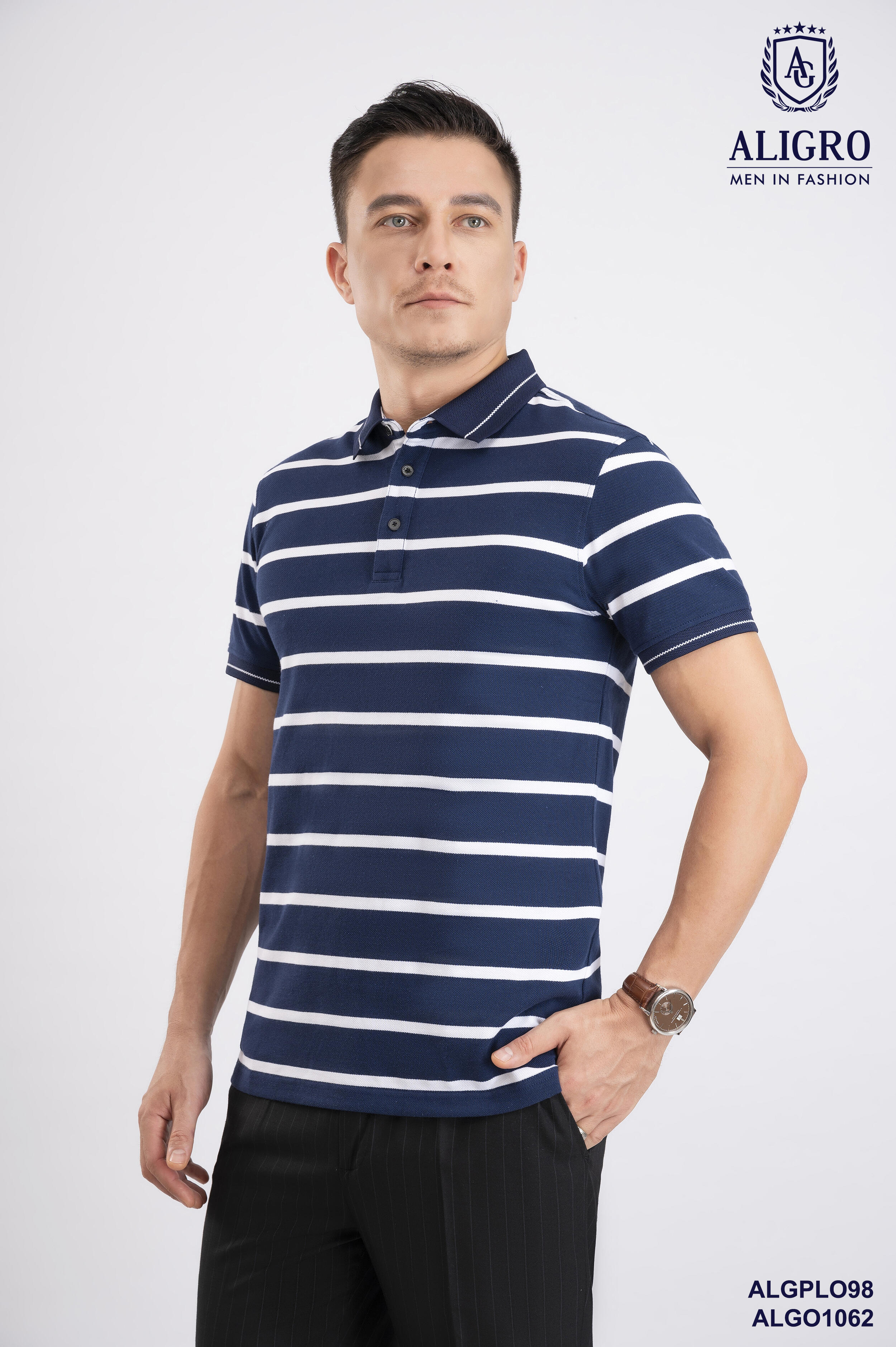 Áo polo nam ngắn tay cao cấp Aligro ALGPLO98 chất liệu 100% cotton form SLIMFIT kẻ ngang navy-trắng