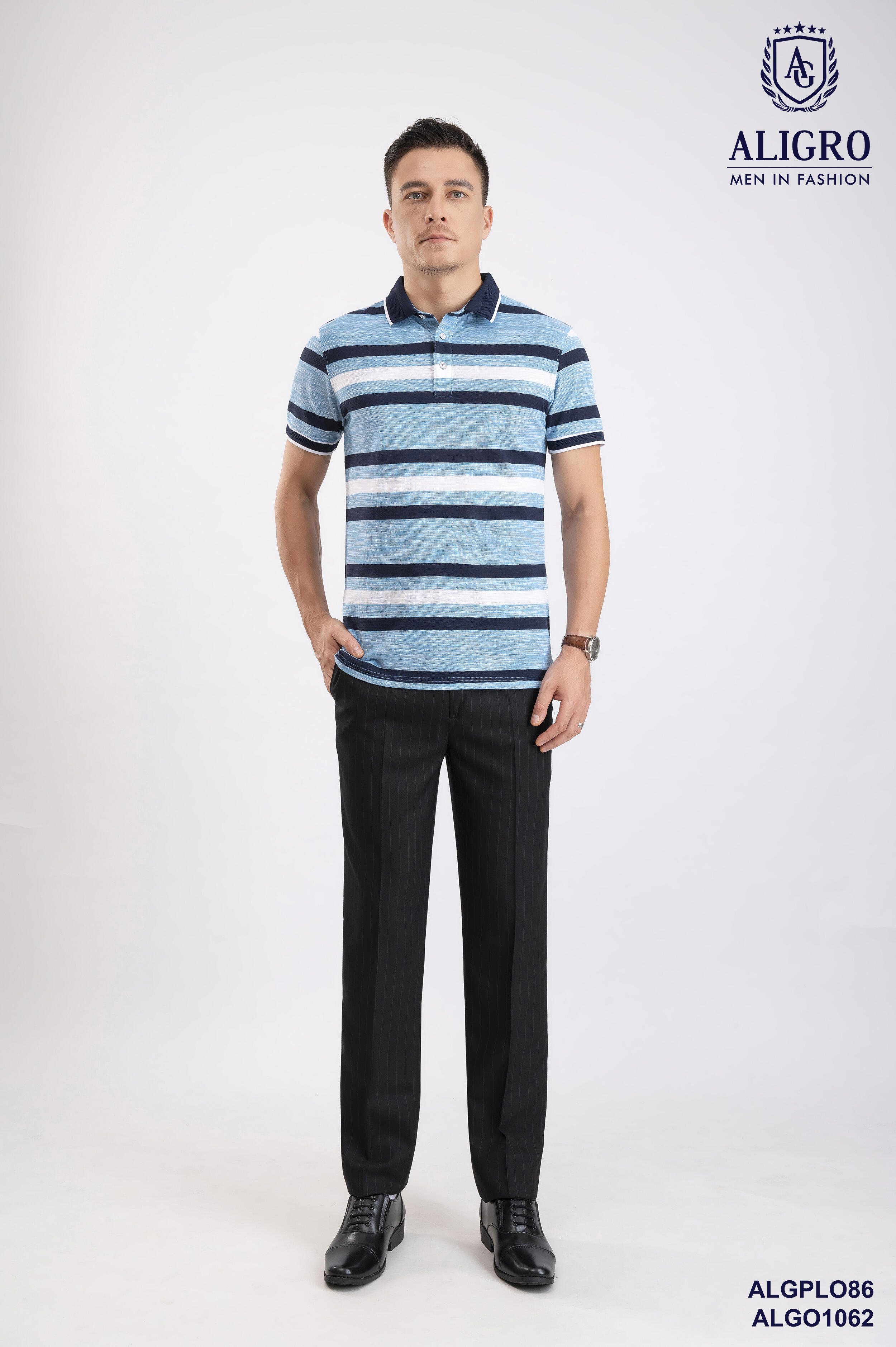 Áo polo nam ngắn tay cao cấp Aligro ALGPLO86 chất liệu 100% cotton form SLIMFIT kẻ ngang xanh dương-navy
