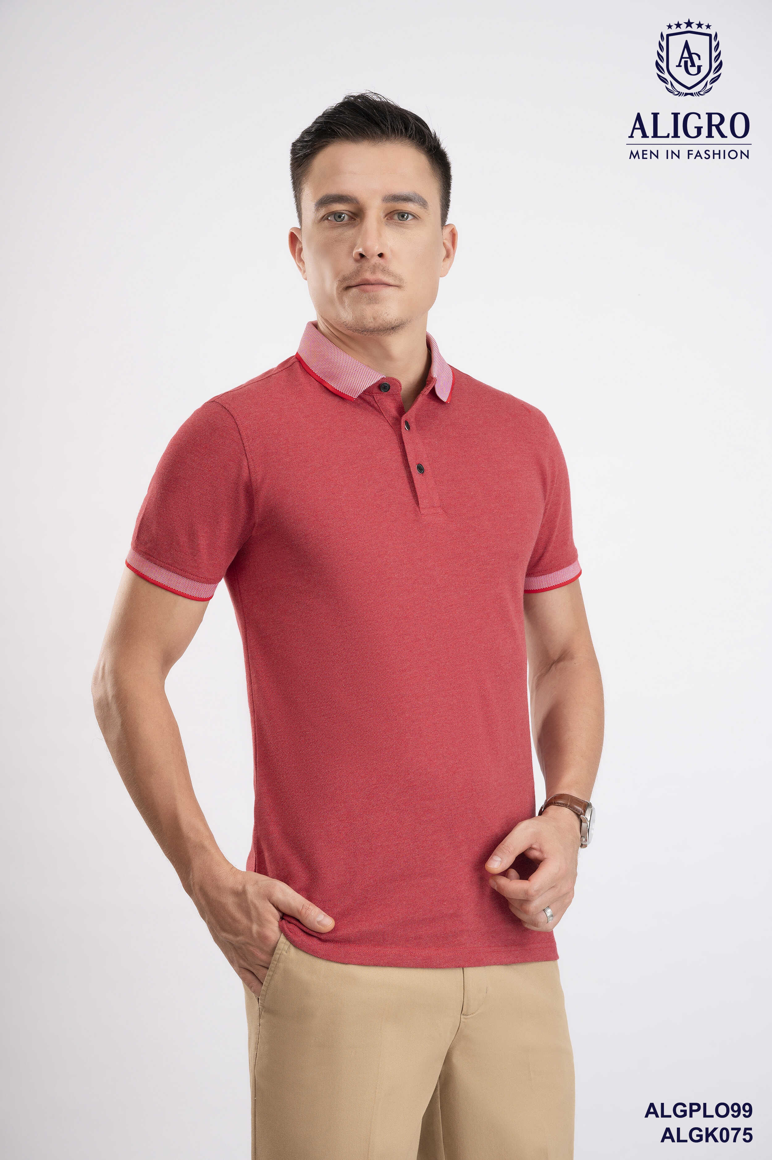 Áo polo nam ngắn tay cao cấp Aligro ALGPLO99 chất liệu 100% cotton form SLIMFIT màu đỏ lợt