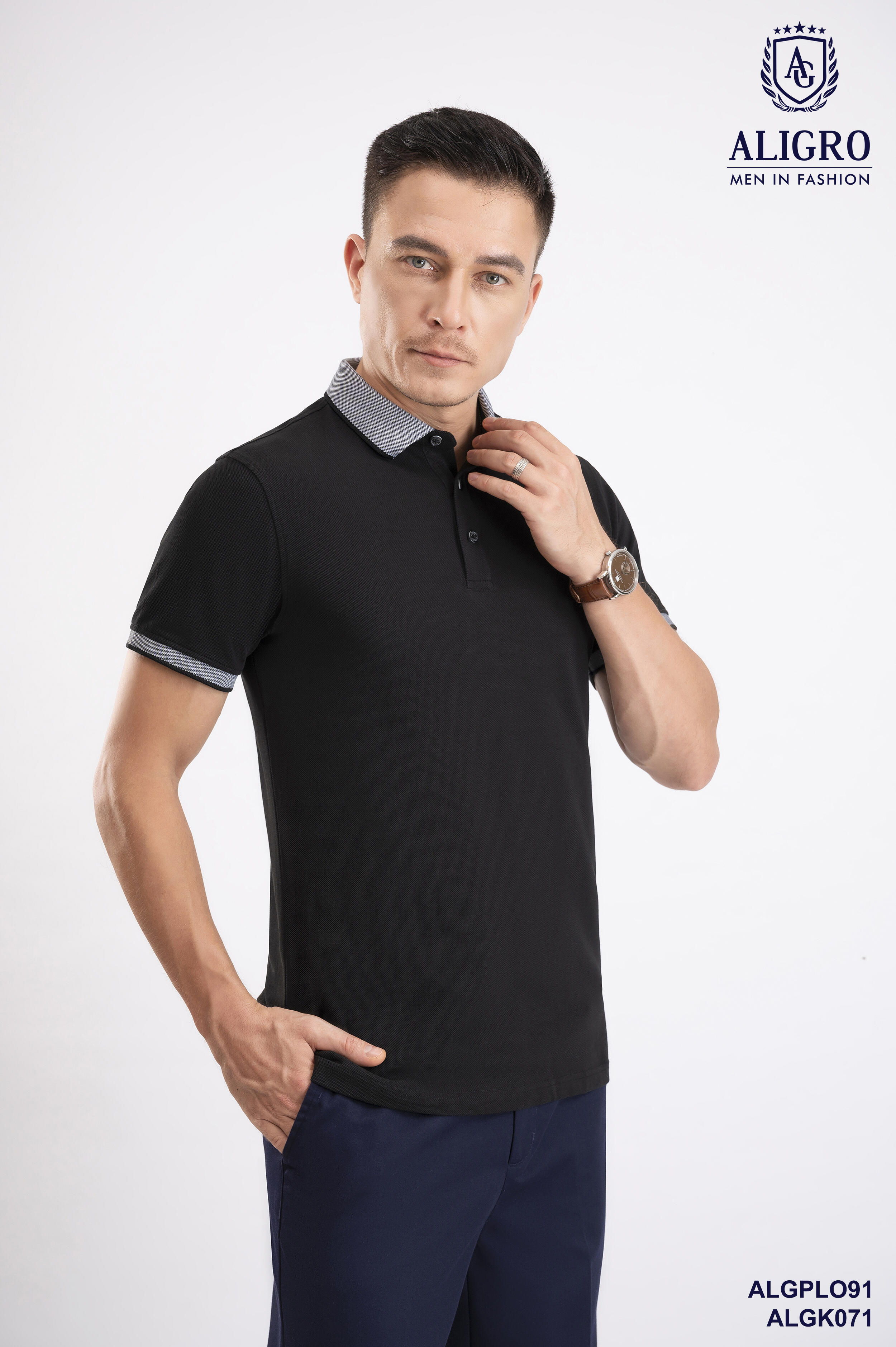 Áo polo nam ngắn tay cao cấp Aligro ALGPLO91 chất liệu 100% cotton form SLIMFIT màu đen