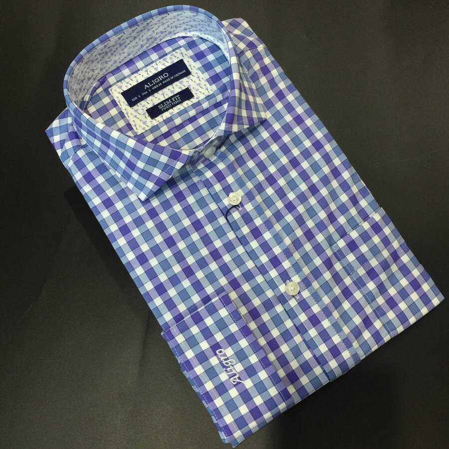 Áo sơ mi dài tay công sở cao cấp Aligro ALGS185 dáng Slimfit kẻ caro xanh