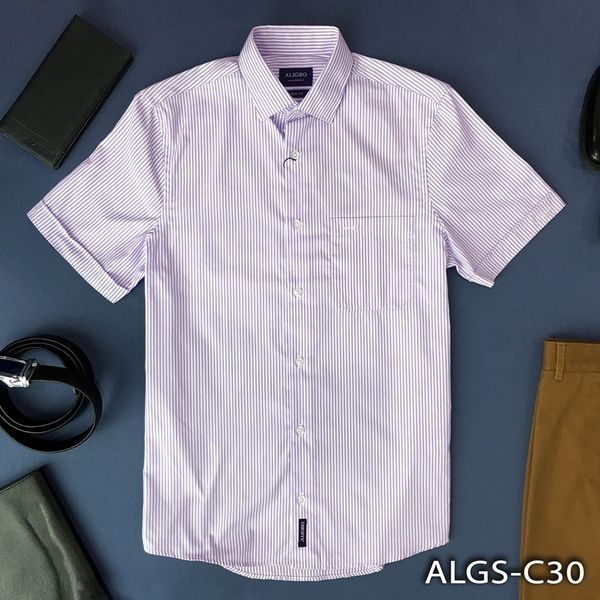 Áo sơ mi nam ngắn tay cao cấp Aligro ALGS-C30 vải cotton form SLIMFIT màu tím kẻ sọc trắng