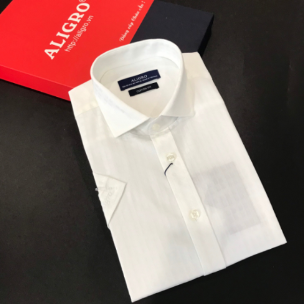 Áo sơ mi nam ngắn tay cao cấp Aligro ALG-C1010 vải cotton form Customfit kẻ trắng ô vuông to