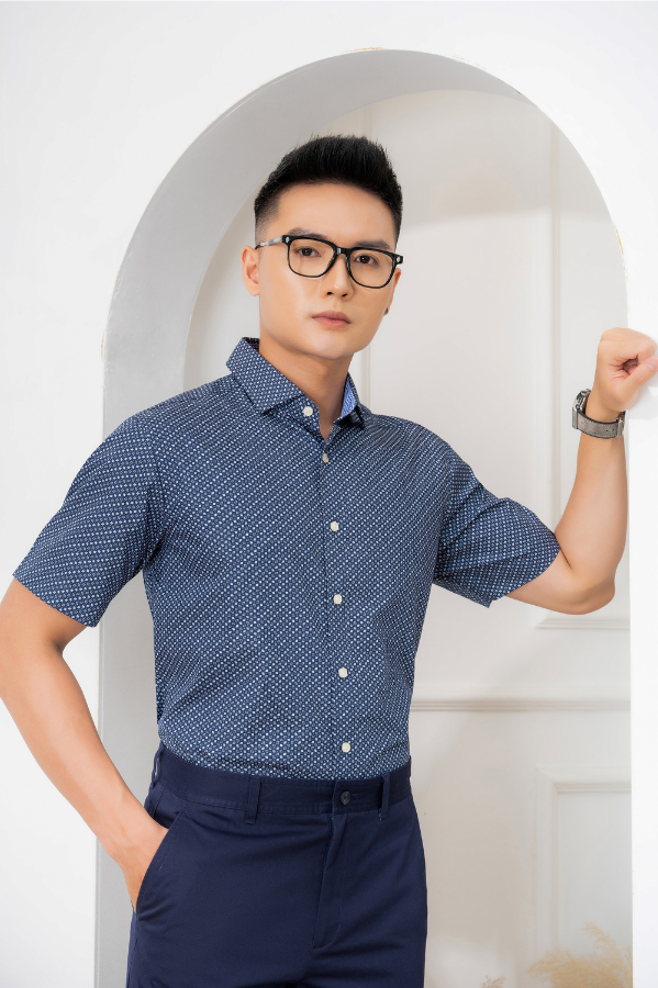 Áo sơ mi nam ngắn tay cao cấp Aligro ALGS-C91 vải cotton form Customfit màu xanh navy