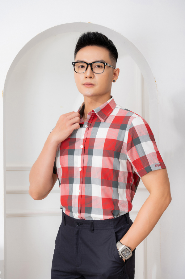 Áo sơ mi nam ngắn tay cao cấp Aligro ALGS-C58 vải cotton form SLIMFIT kẻ vô vuông to