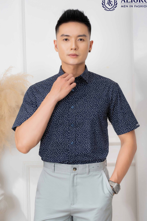 Áo sơ mi nam ngắn tay cao cấp Aligro ALGS-C66 vải cotton form Custom màu navy in hoa